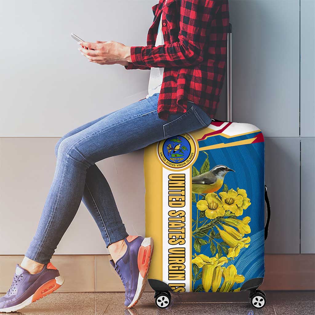 United States Virgin Islands Luggage Cover with Blue Yellow Floral Design and Government Seal Bird - Wonder Print Shop