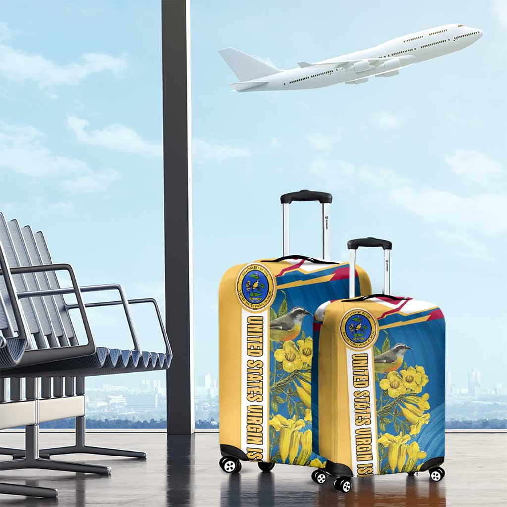 United States Virgin Islands Luggage Cover with Blue Yellow Floral Design and Government Seal Bird - Wonder Print Shop