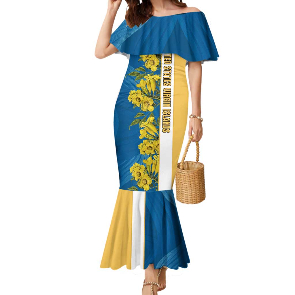 United States Virgin Islands Mermaid Dress with Blue Yellow Floral Design and Government Seal Bird - Wonder Print Shop