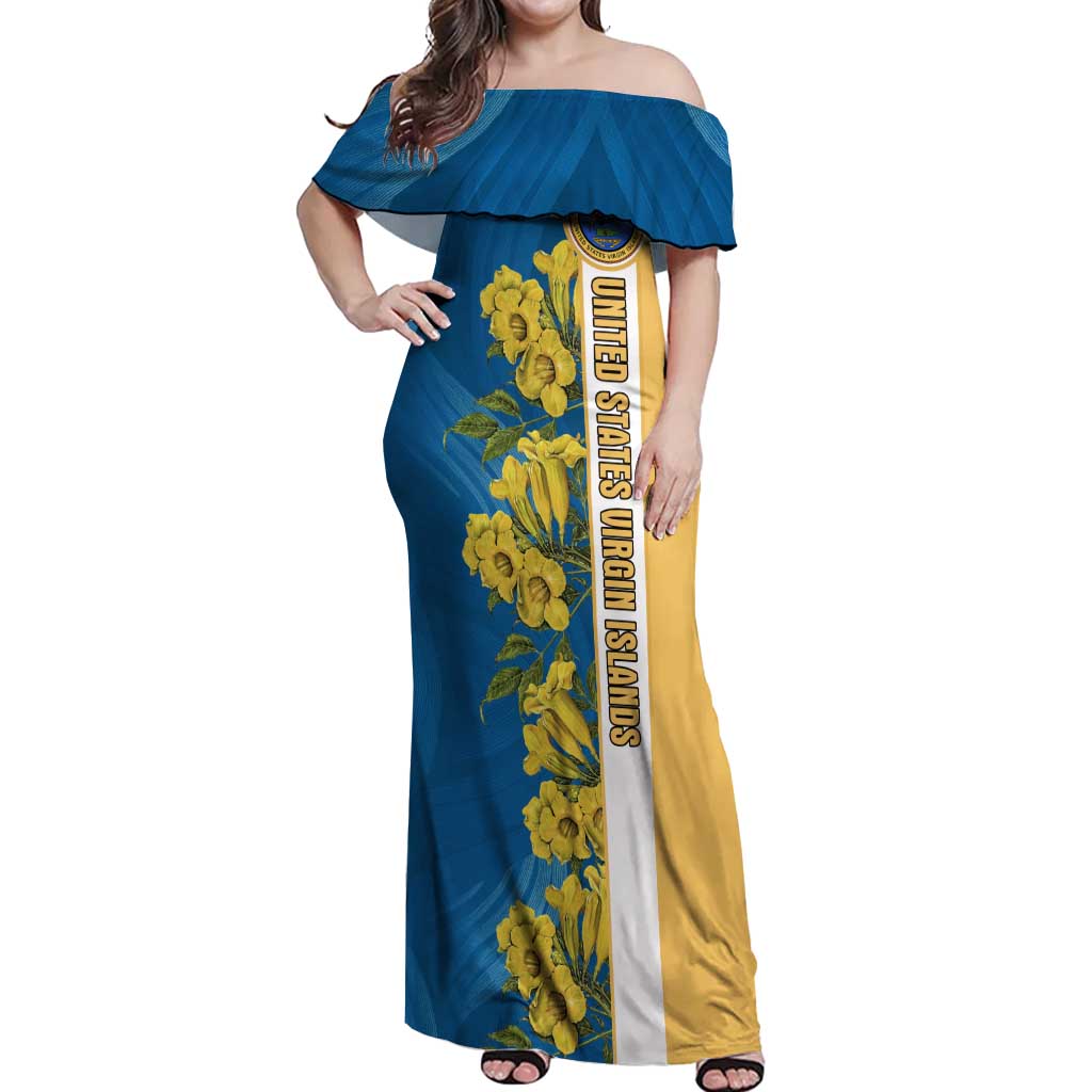United States Virgin Islands Off Shoulder Maxi Dress with Blue Yellow Floral Design and Government Seal Bird - Wonder Print Shop