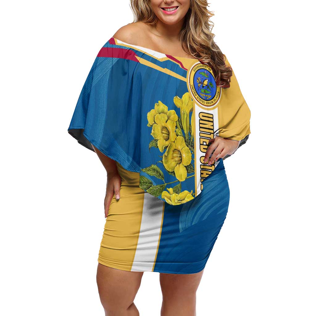United States Virgin Islands Off Shoulder Short Dress with Blue Yellow Floral Design and Government Seal Bird - Wonder Print Shop
