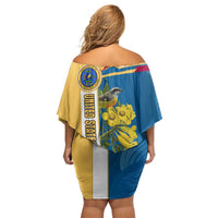 United States Virgin Islands Off Shoulder Short Dress with Blue Yellow Floral Design and Government Seal Bird - Wonder Print Shop
