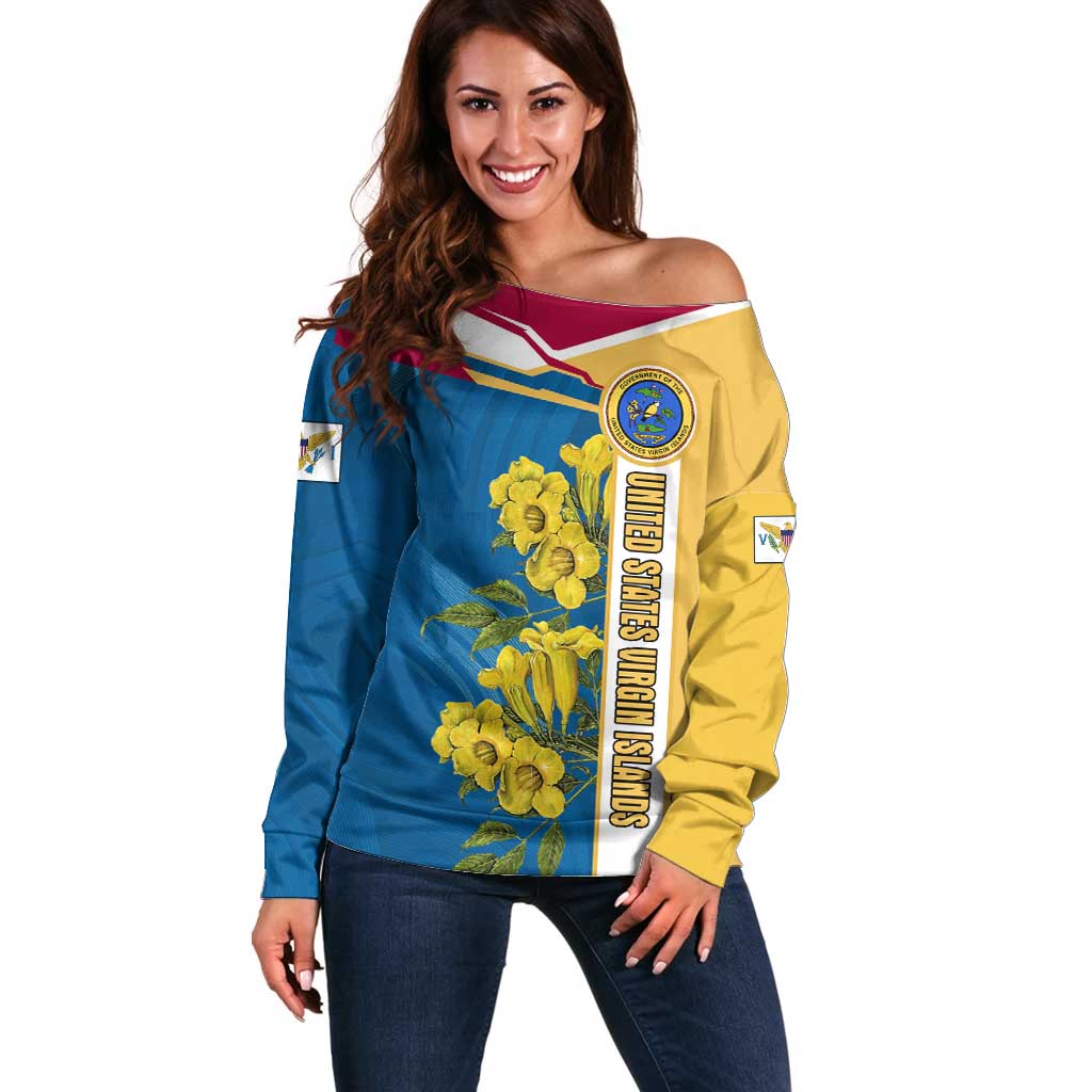 United States Virgin Islands Off Shoulder Sweater with Blue Yellow Floral Design and Government Seal Bird - Wonder Print Shop