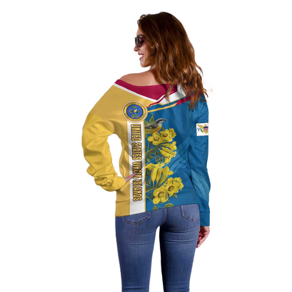 United States Virgin Islands Off Shoulder Sweater with Blue Yellow Floral Design and Government Seal Bird - Wonder Print Shop