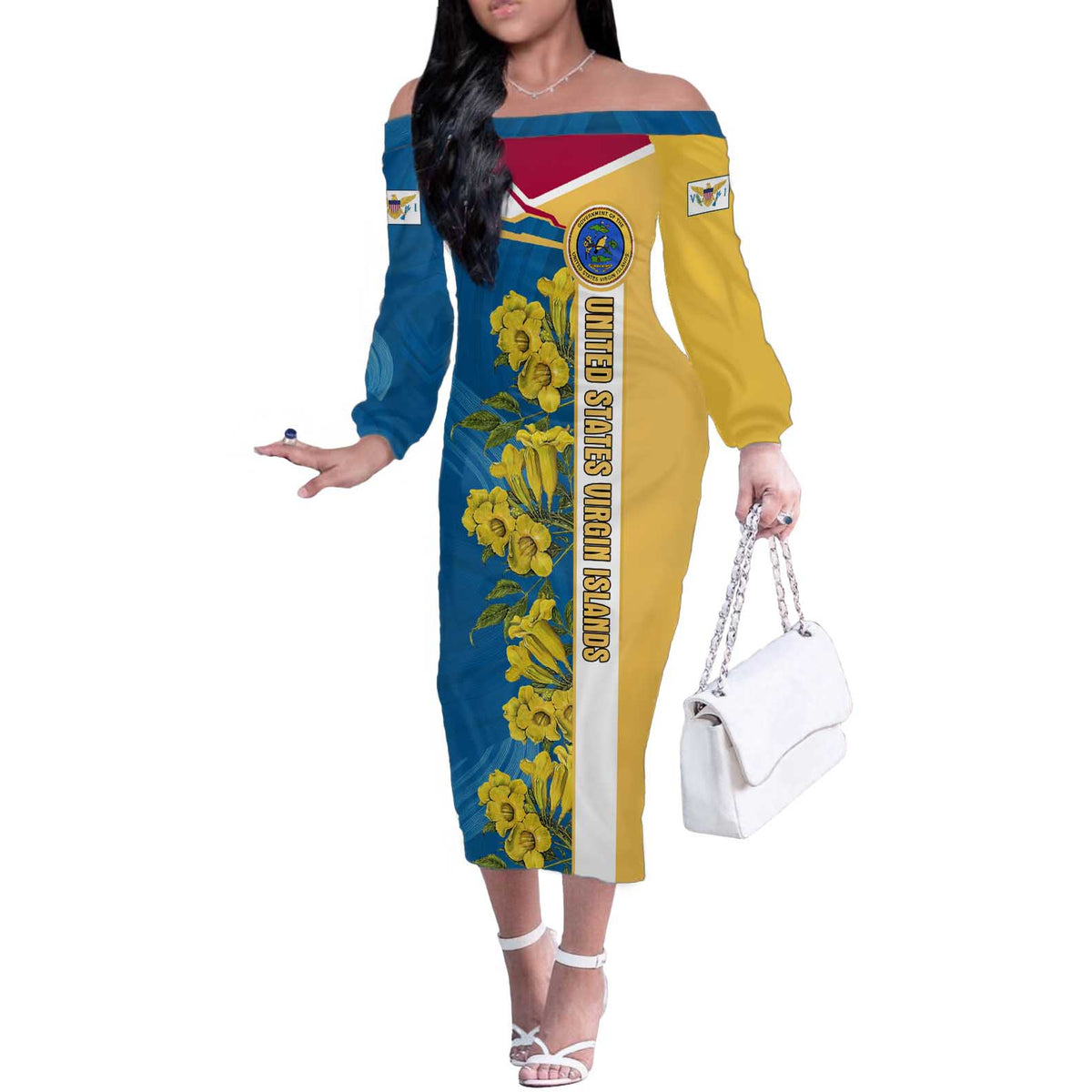 United States Virgin Islands Off The Shoulder Long Sleeve Dress with Blue Yellow Floral Design and Government Seal Bird - Wonder Print Shop