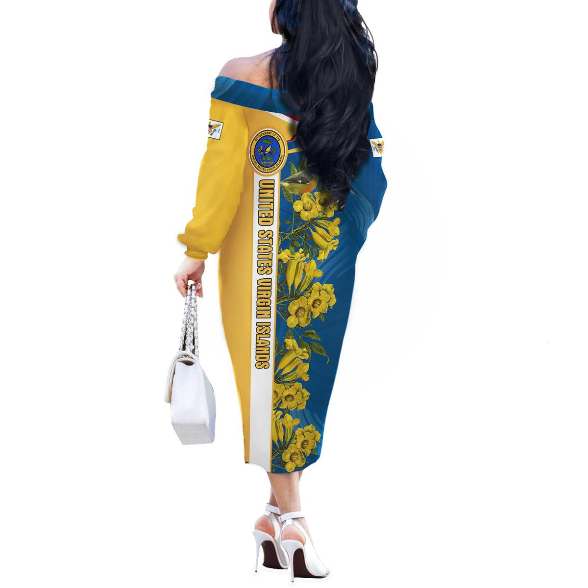 United States Virgin Islands Off The Shoulder Long Sleeve Dress with Blue Yellow Floral Design and Government Seal Bird - Wonder Print Shop