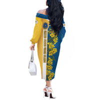 United States Virgin Islands Off The Shoulder Long Sleeve Dress with Blue Yellow Floral Design and Government Seal Bird - Wonder Print Shop