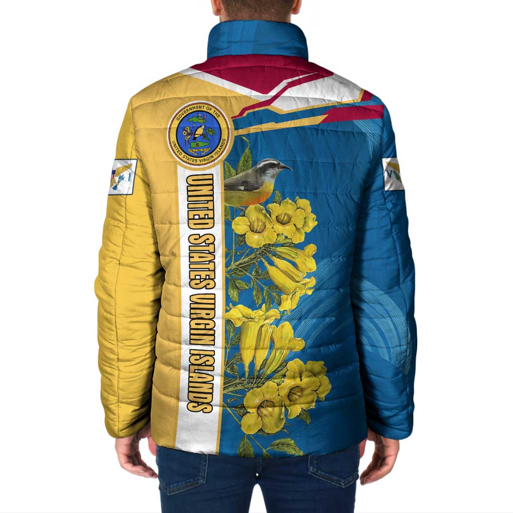 United States Virgin Islands Padded Jacket with Blue Yellow Floral Design and Government Seal Bird - Wonder Print Shop
