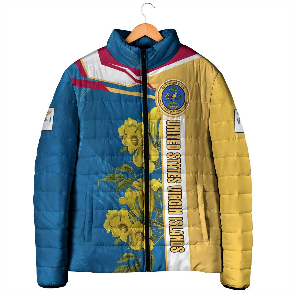 United States Virgin Islands Padded Jacket with Blue Yellow Floral Design and Government Seal Bird - Wonder Print Shop