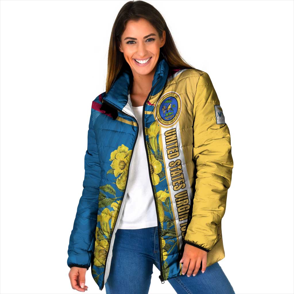 United States Virgin Islands Padded Jacket with Blue Yellow Floral Design and Government Seal Bird - Wonder Print Shop