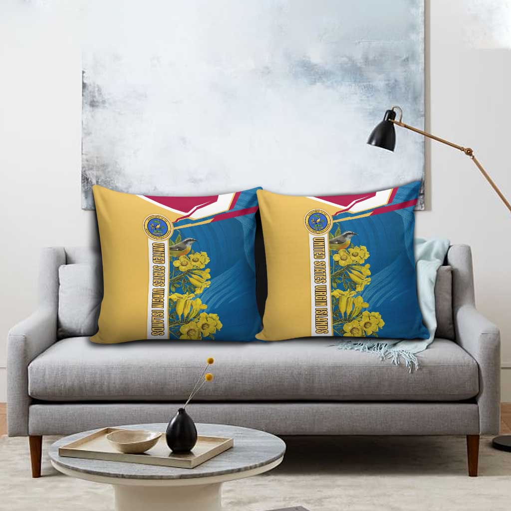 United States Virgin Islands Pillow Cover with Blue Yellow Floral Design and Government Seal Bird - Wonder Print Shop