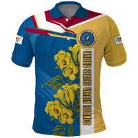 United States Virgin Islands Polo Shirt with Blue Yellow Floral Design and Government Seal Bird - Wonder Print Shop