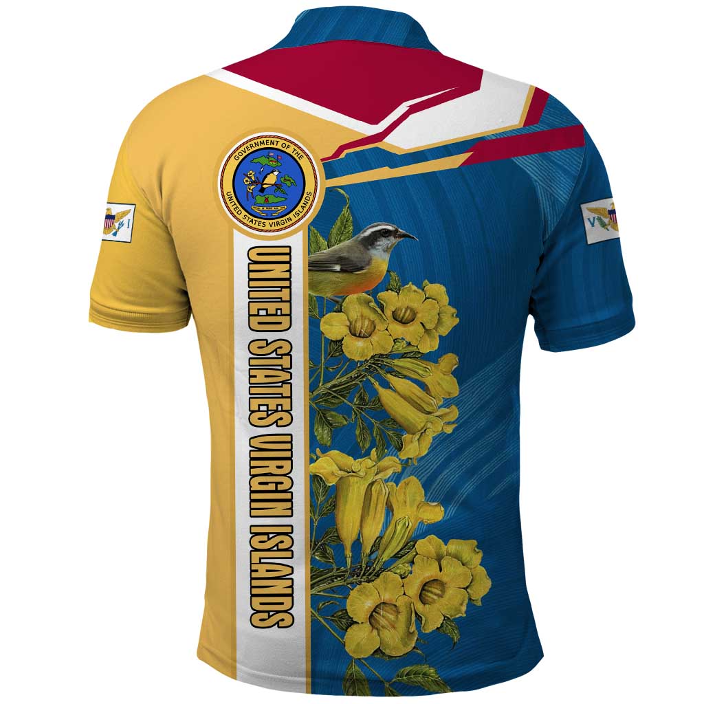 United States Virgin Islands Polo Shirt with Blue Yellow Floral Design and Government Seal Bird - Wonder Print Shop