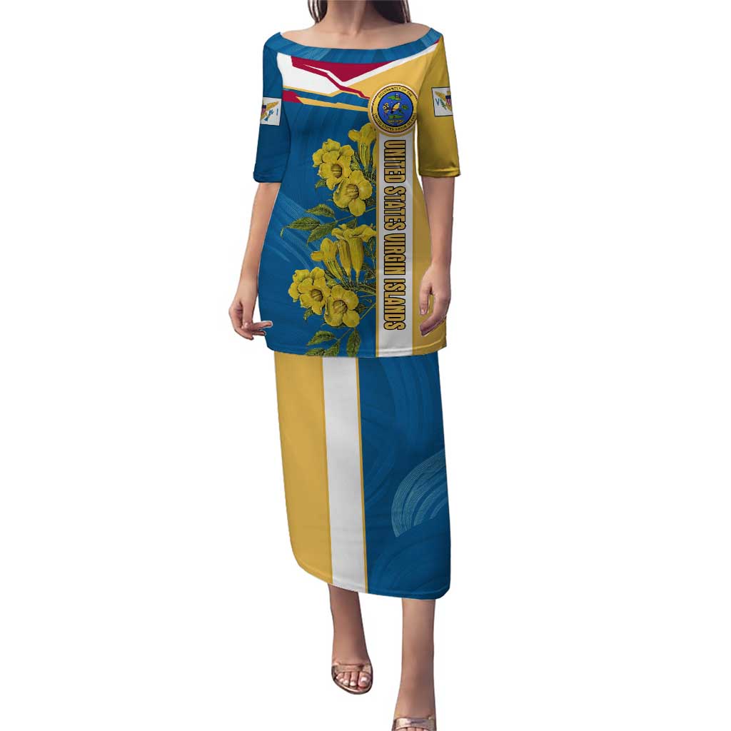 United States Virgin Islands Puletasi with Blue Yellow Floral Design and Government Seal Bird - Wonder Print Shop