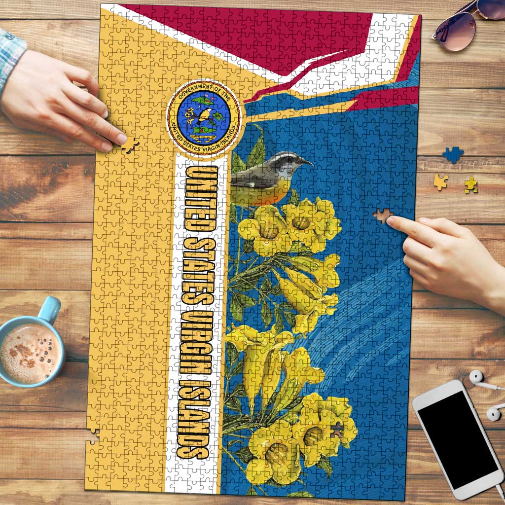 United States Virgin Islands Puzzle with Blue Yellow Floral Design and Government Seal Bird - Wonder Print Shop