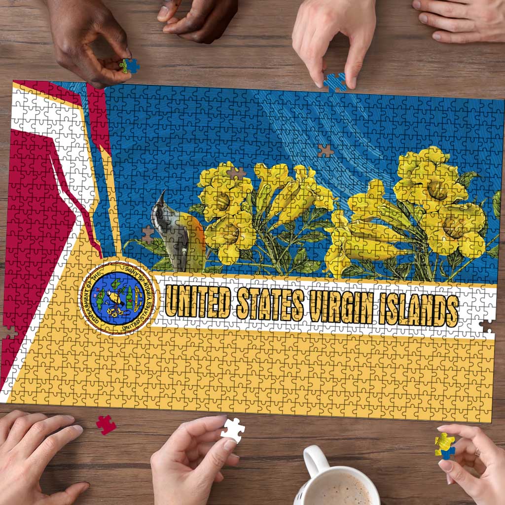 United States Virgin Islands Puzzle with Blue Yellow Floral Design and Government Seal Bird - Wonder Print Shop