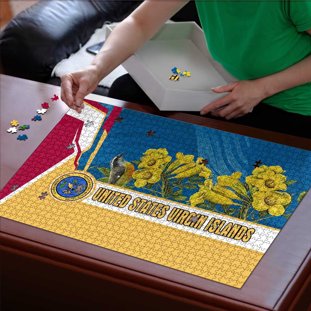United States Virgin Islands Puzzle with Blue Yellow Floral Design and Government Seal Bird - Wonder Print Shop