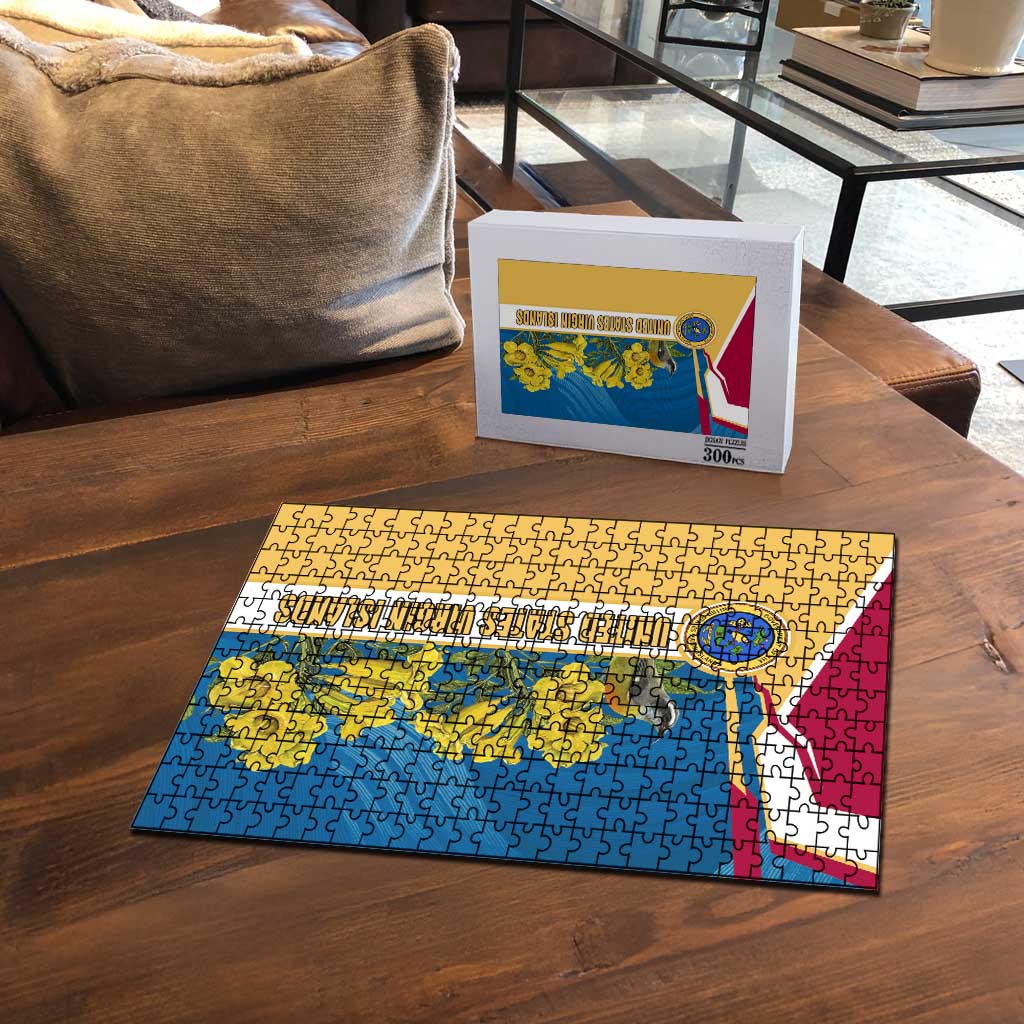 United States Virgin Islands Puzzle with Blue Yellow Floral Design and Government Seal Bird - Wonder Print Shop