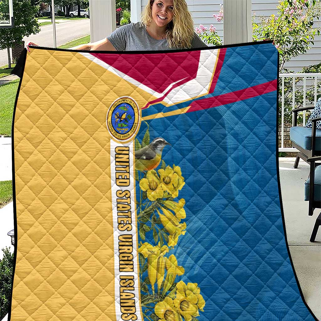 United States Virgin Islands Quilt with Blue Yellow Floral Design and Government Seal Bird - Wonder Print Shop