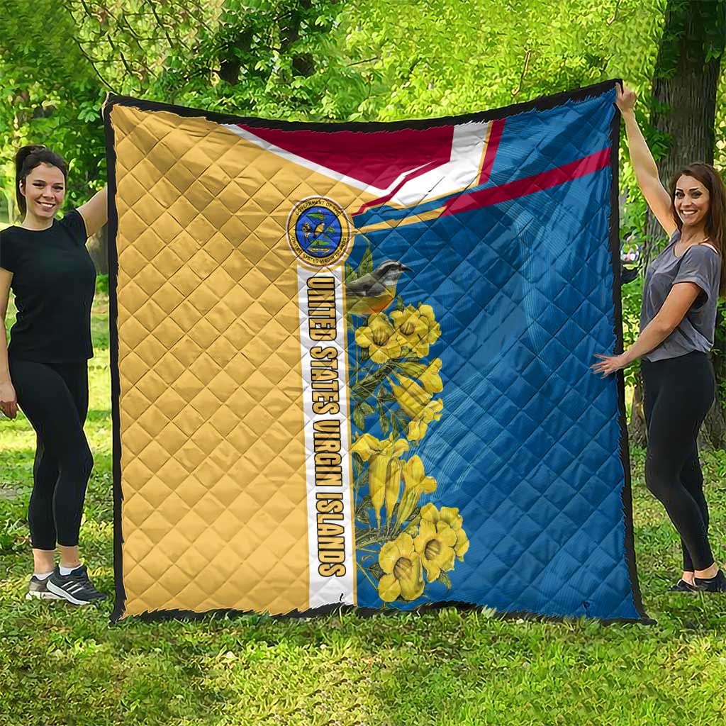 United States Virgin Islands Quilt with Blue Yellow Floral Design and Government Seal Bird - Wonder Print Shop