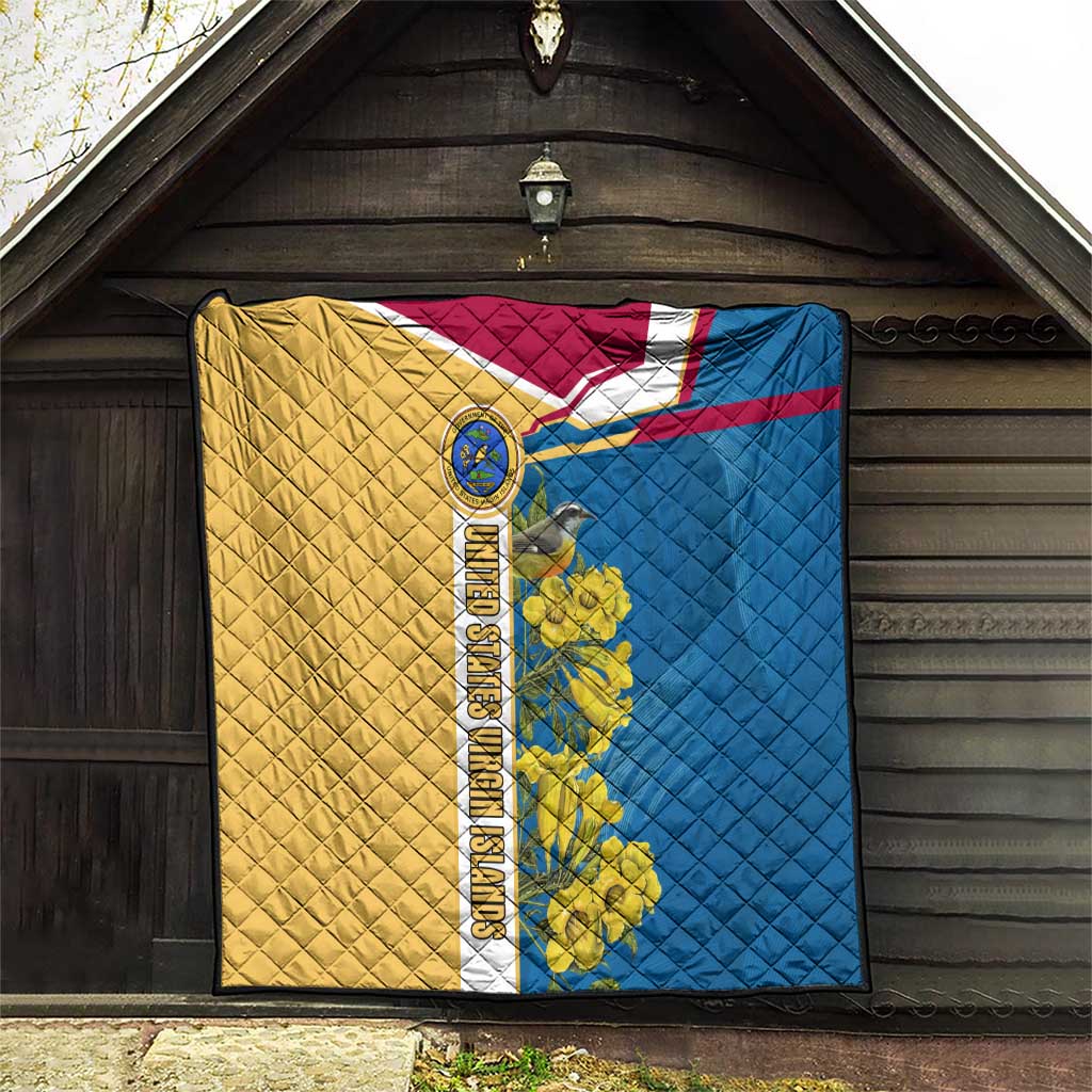 United States Virgin Islands Quilt with Blue Yellow Floral Design and Government Seal Bird - Wonder Print Shop