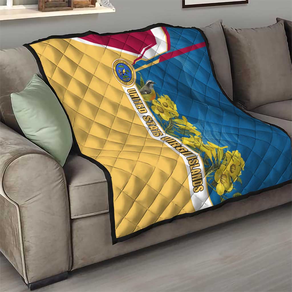 United States Virgin Islands Quilt with Blue Yellow Floral Design and Government Seal Bird - Wonder Print Shop