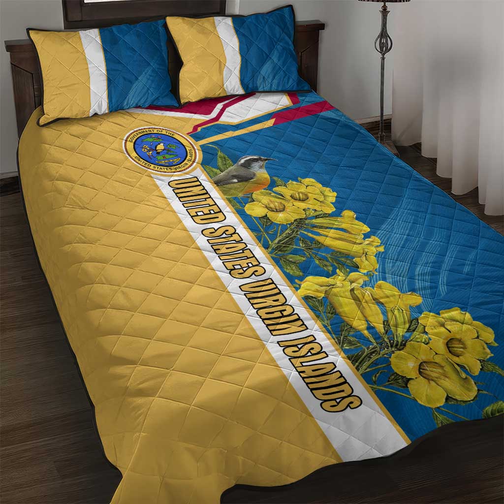 United States Virgin Islands Quilt Bed Set with Blue Yellow Floral Design and Government Seal Bird - Wonder Print Shop