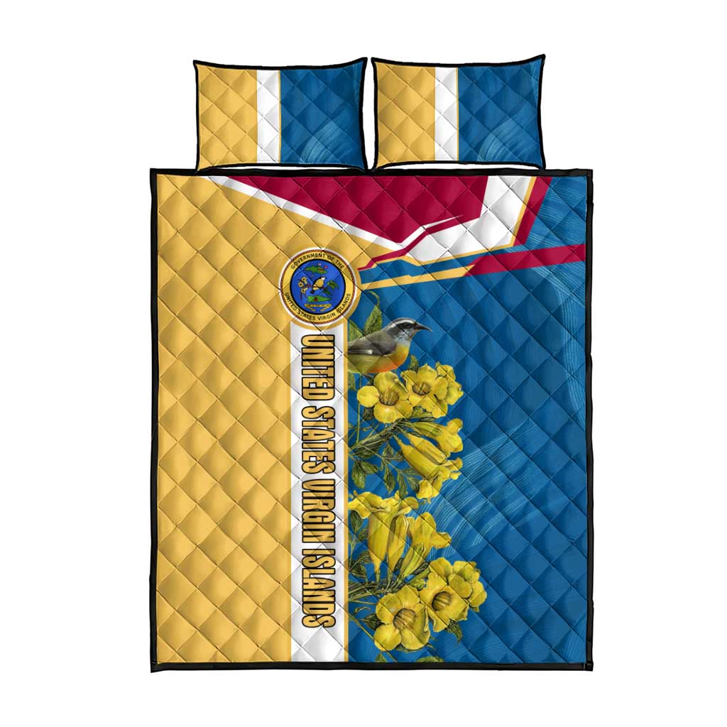 United States Virgin Islands Quilt Bed Set with Blue Yellow Floral Design and Government Seal Bird - Wonder Print Shop