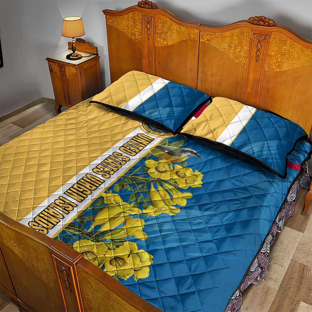 United States Virgin Islands Quilt Bed Set with Blue Yellow Floral Design and Government Seal Bird - Wonder Print Shop
