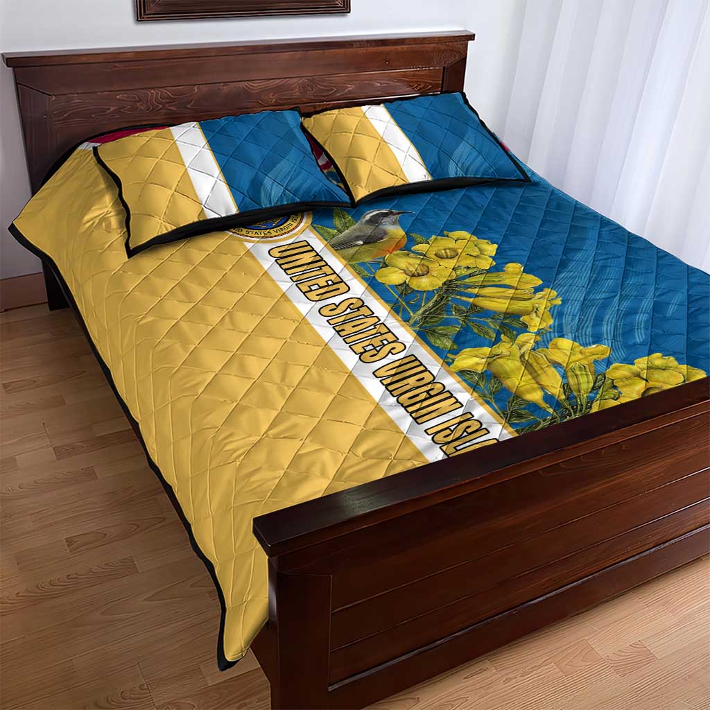 United States Virgin Islands Quilt Bed Set with Blue Yellow Floral Design and Government Seal Bird - Wonder Print Shop