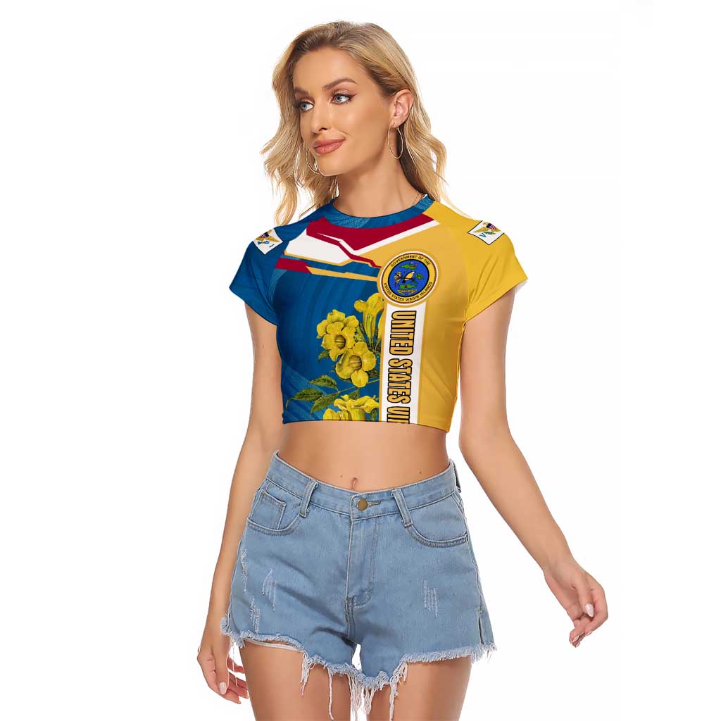 United States Virgin Islands Raglan Cropped T Shirt with Blue Yellow Floral Design and Government Seal Bird - Wonder Print Shop