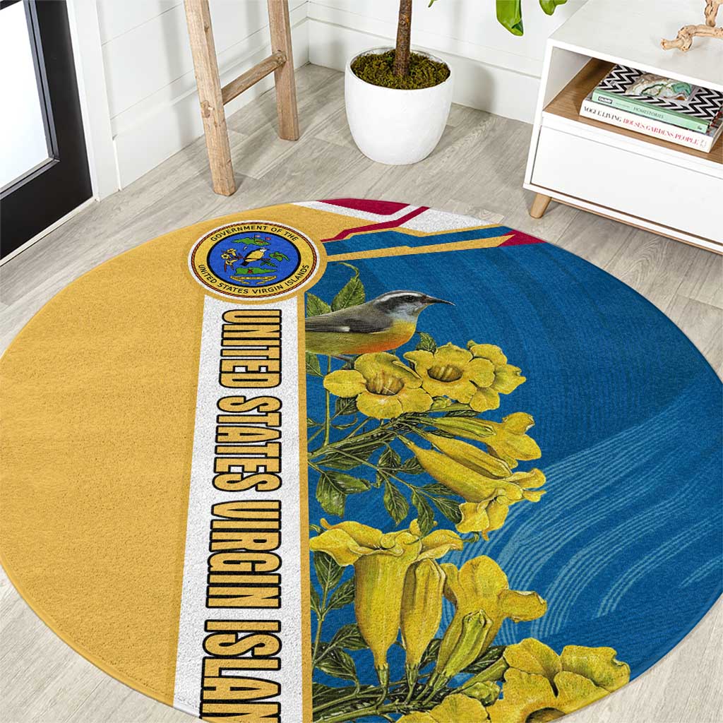 United States Virgin Islands Round Carpet with Blue Yellow Floral Design and Government Seal Bird - Wonder Print Shop
