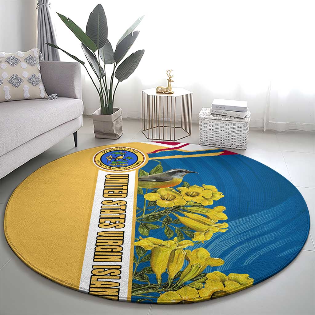 United States Virgin Islands Round Carpet with Blue Yellow Floral Design and Government Seal Bird - Wonder Print Shop
