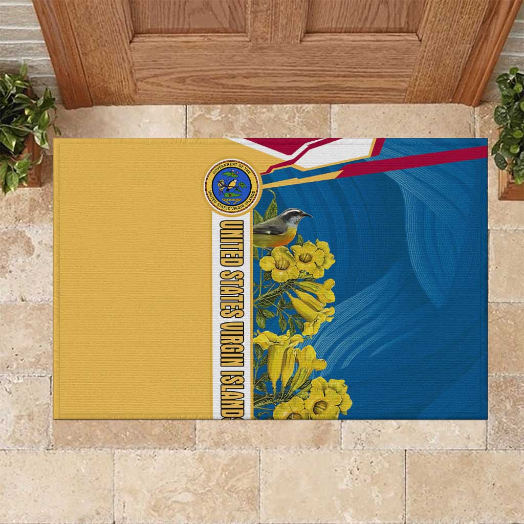United States Virgin Islands Rubber Doormat with Blue Yellow Floral Design and Government Seal Bird - Wonder Print Shop