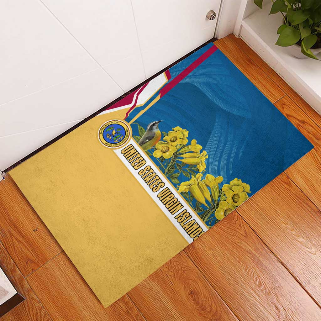 United States Virgin Islands Rubber Doormat with Blue Yellow Floral Design and Government Seal Bird - Wonder Print Shop