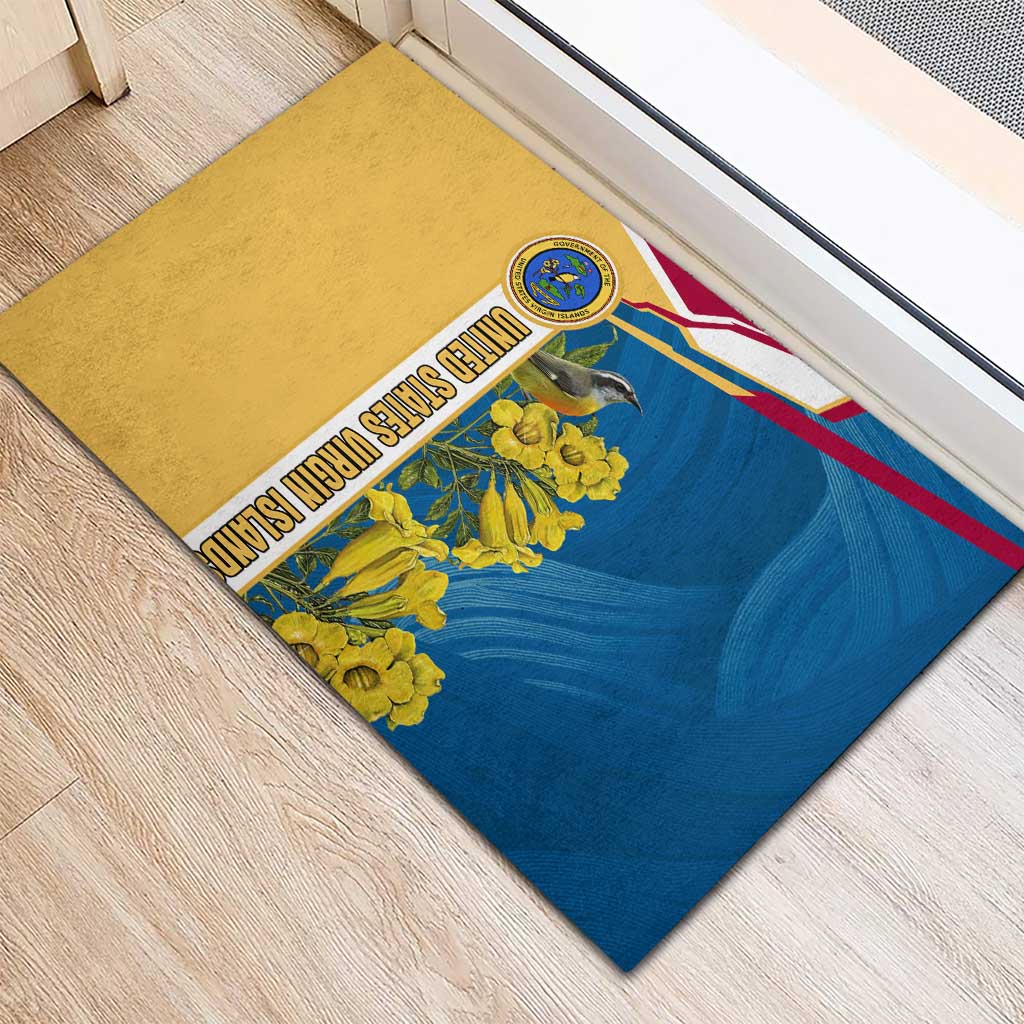 United States Virgin Islands Rubber Doormat with Blue Yellow Floral Design and Government Seal Bird - Wonder Print Shop