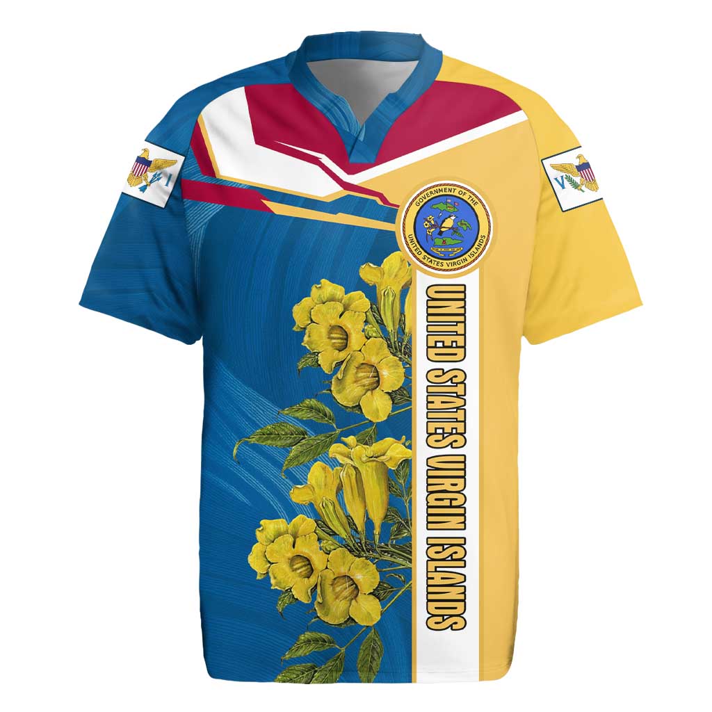 United States Virgin Islands Rugby Jersey with Blue Yellow Floral Design and Government Seal Bird - Wonder Print Shop