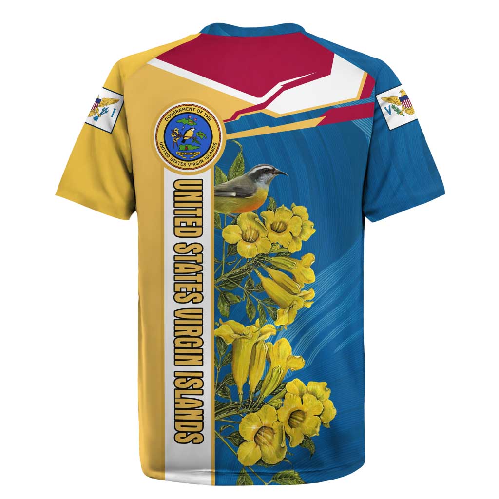 United States Virgin Islands Rugby Jersey with Blue Yellow Floral Design and Government Seal Bird - Wonder Print Shop