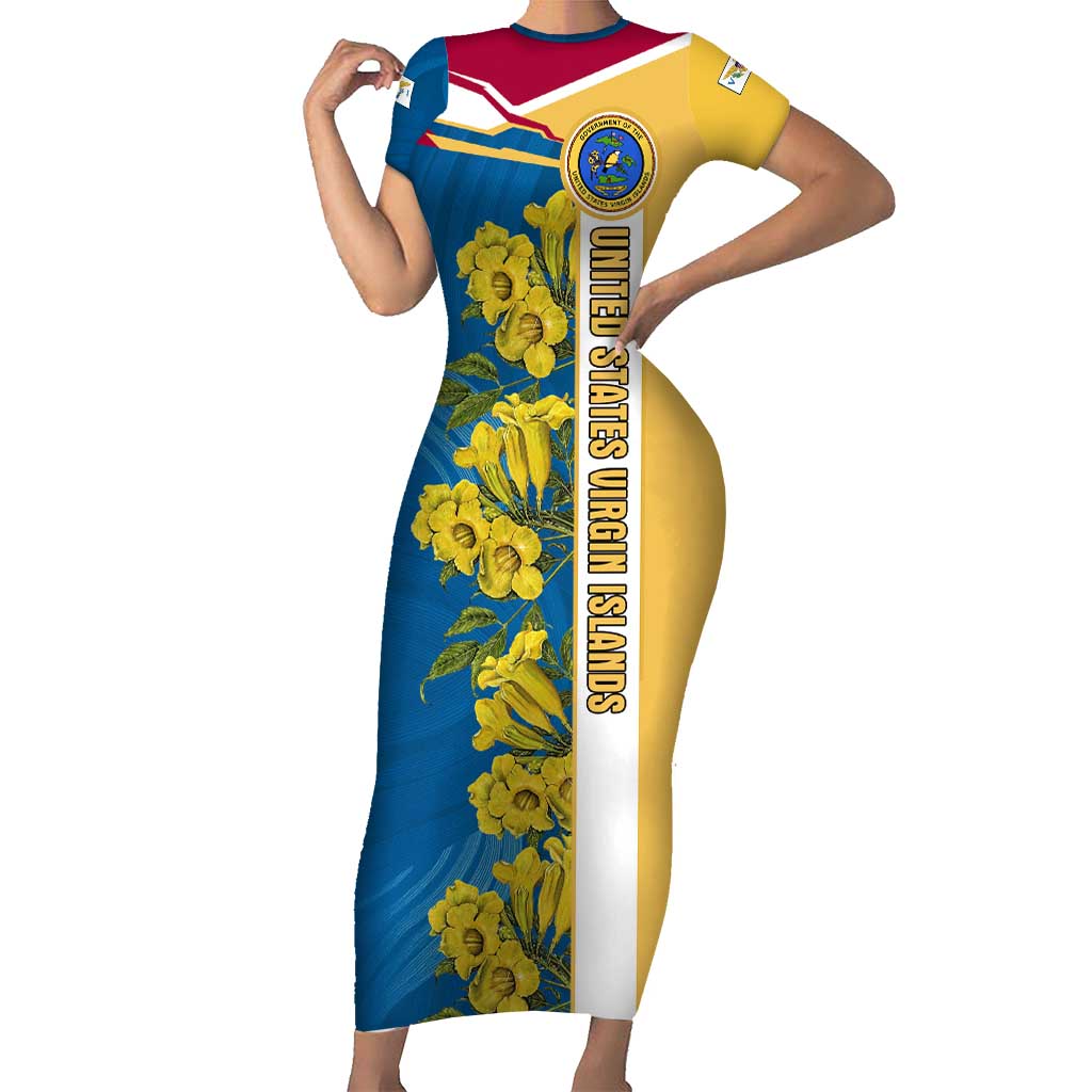 United States Virgin Islands Short Sleeve Bodycon Dress with Blue Yellow Floral Design and Government Seal Bird - Wonder Print Shop