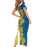 United States Virgin Islands Short Sleeve Bodycon Dress with Blue Yellow Floral Design and Government Seal Bird - Wonder Print Shop