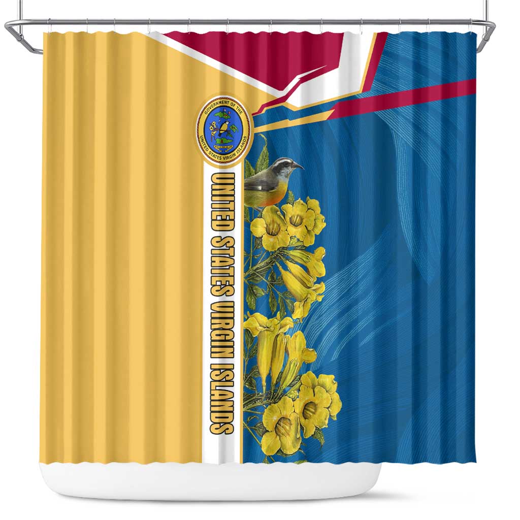 United States Virgin Islands Shower Curtain with Blue Yellow Floral Design and Government Seal Bird - Wonder Print Shop