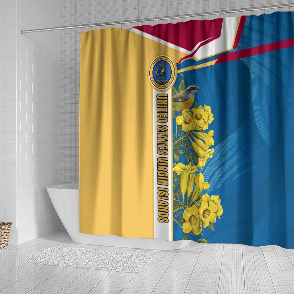 United States Virgin Islands Shower Curtain with Blue Yellow Floral Design and Government Seal Bird - Wonder Print Shop