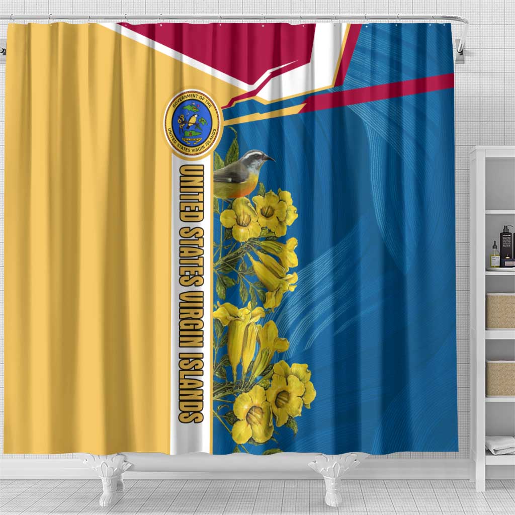 United States Virgin Islands Shower Curtain with Blue Yellow Floral Design and Government Seal Bird - Wonder Print Shop