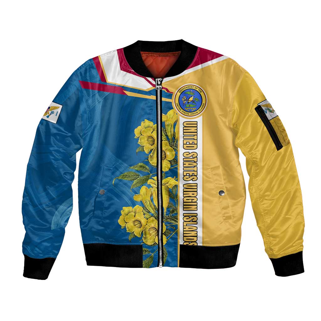 United States Virgin Islands Sleeve Zip Bomber Jacket with Blue Yellow Floral Design and Government Seal Bird - Wonder Print Shop
