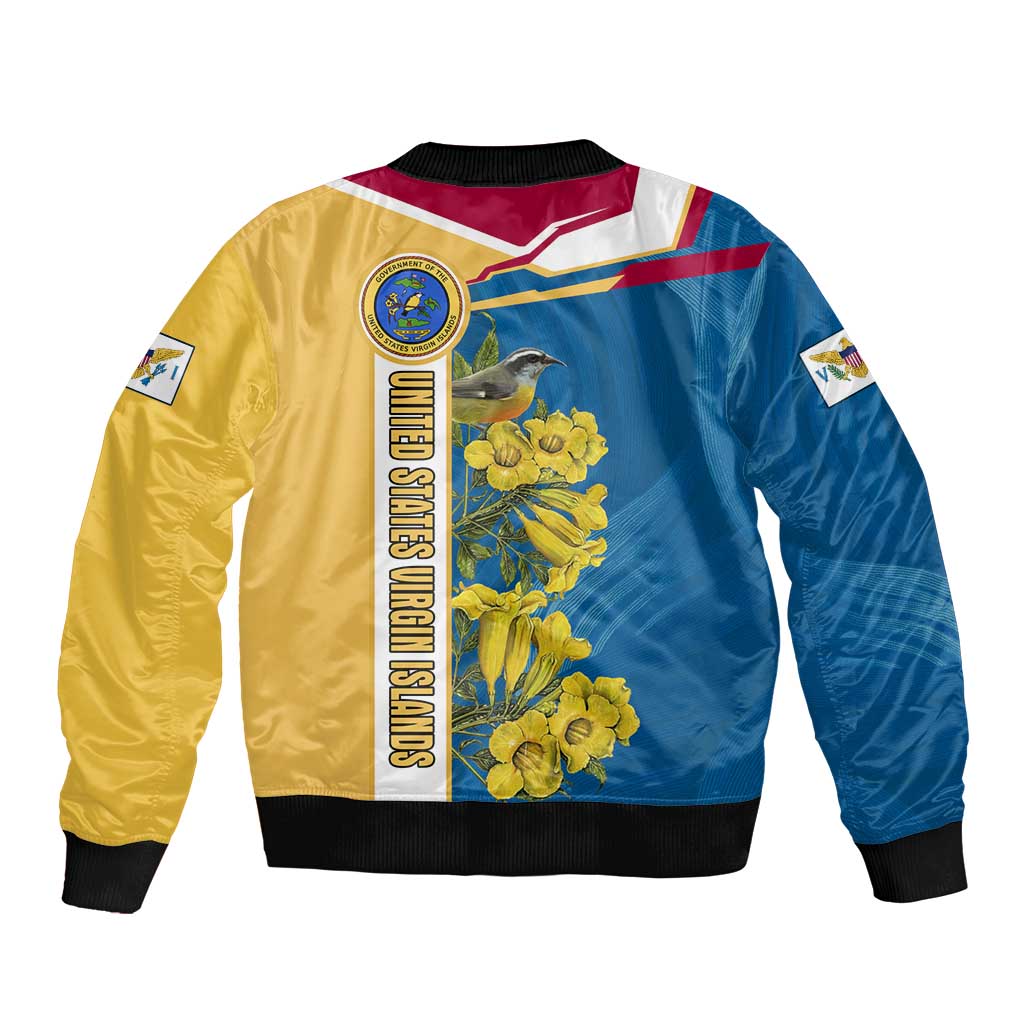 United States Virgin Islands Sleeve Zip Bomber Jacket with Blue Yellow Floral Design and Government Seal Bird - Wonder Print Shop