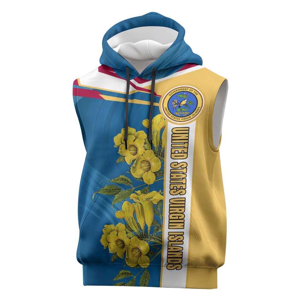 United States Virgin Islands Sleeveless Hoodie with Blue Yellow Floral Design and Government Seal Bird - Wonder Print Shop