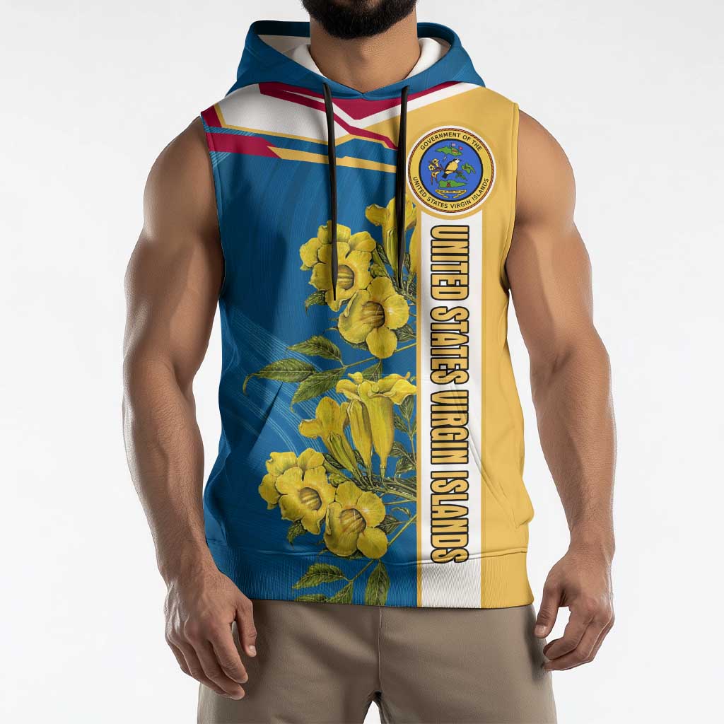 United States Virgin Islands Sleeveless Hoodie with Blue Yellow Floral Design and Government Seal Bird - Wonder Print Shop