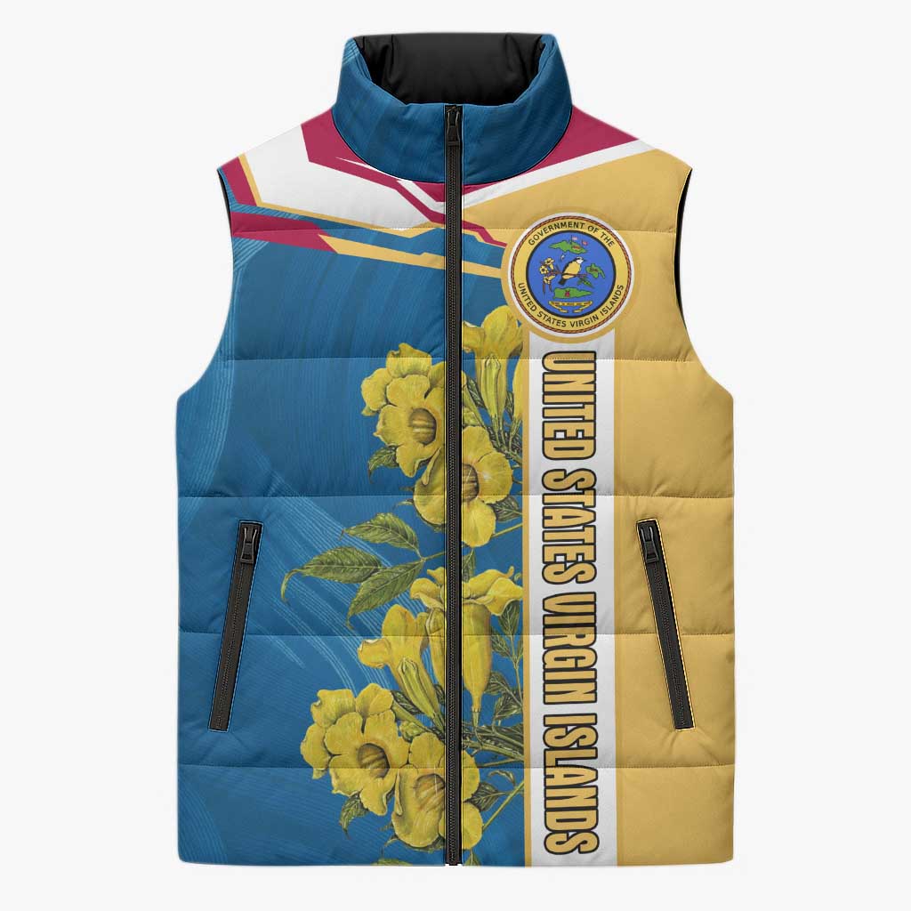 United States Virgin Islands Sleeveless Puffer Jacket with Blue Yellow Floral Design and Government Seal Bird - Wonder Print Shop