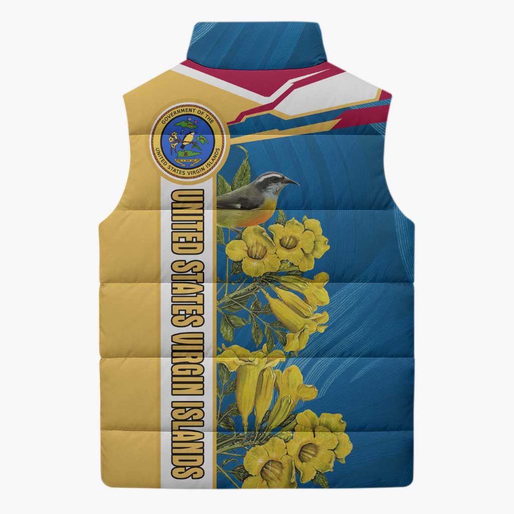 United States Virgin Islands Sleeveless Puffer Jacket with Blue Yellow Floral Design and Government Seal Bird - Wonder Print Shop