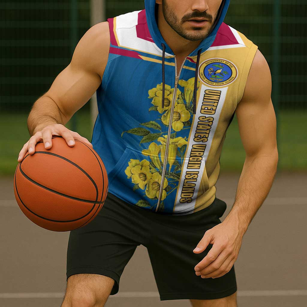 United States Virgin Islands Sleeveless Zip Hoodie with Blue Yellow Floral Design and Government Seal Bird - Wonder Print Shop